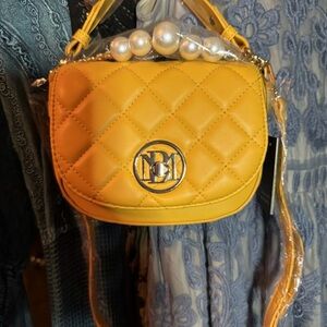 Badgley Mischka Yellow Quilted Mini Bag with Pearl Accents